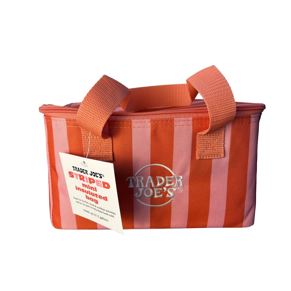 Trader Joe's Mini Insulated Bag Red Pink Striped Cooler Embroidered NWT